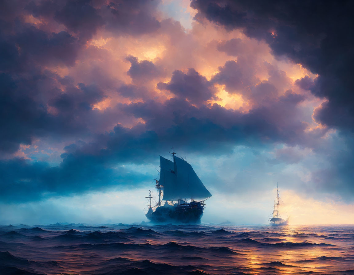 Sailing ships in turbulent seas under dramatic sky