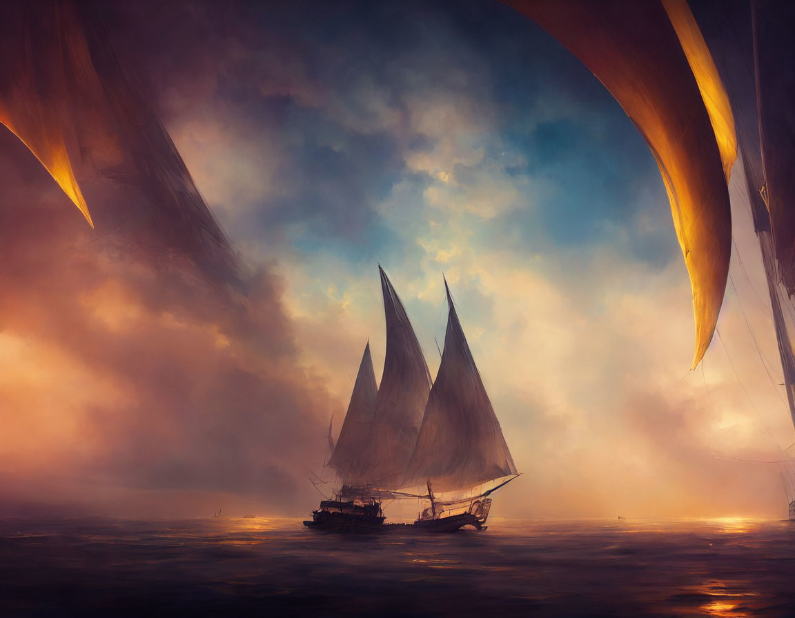 Sailboat sailing on golden sea under dramatic sky with dragon wings silhouette.