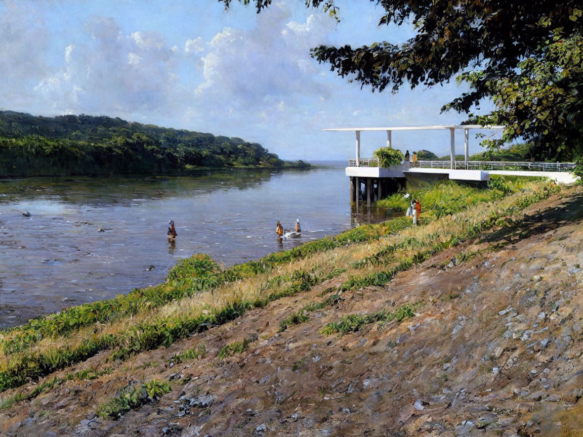 Tranquil riverscape with people wading, lush greenery, and white structure