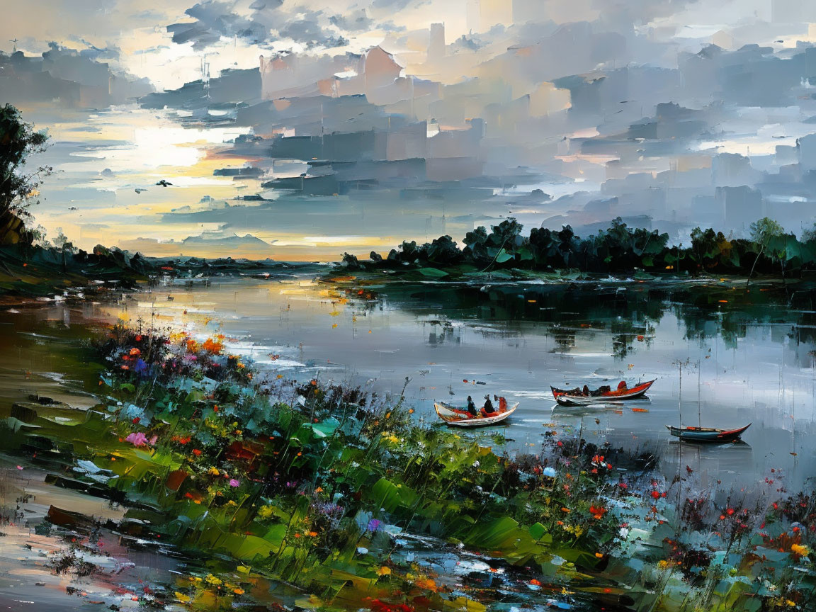 Serene river at dusk with small boats, vibrant wildflowers, and dramatic sky.