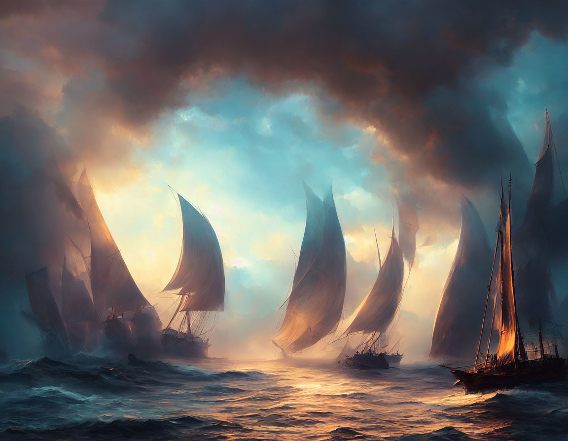 Sailing ships on turbulent seas under moody sunset sky