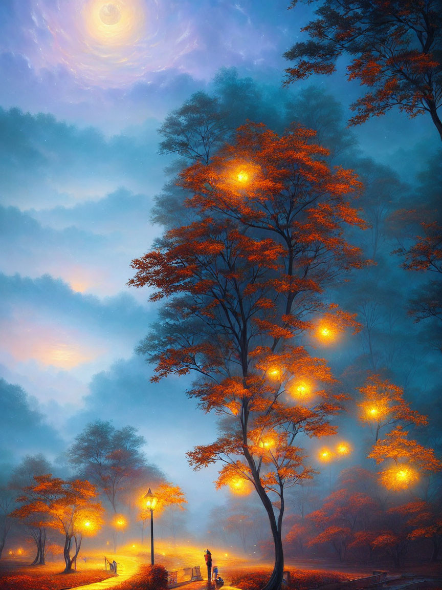 Mystical forest scene with glowing orange foliage and mist-covered path