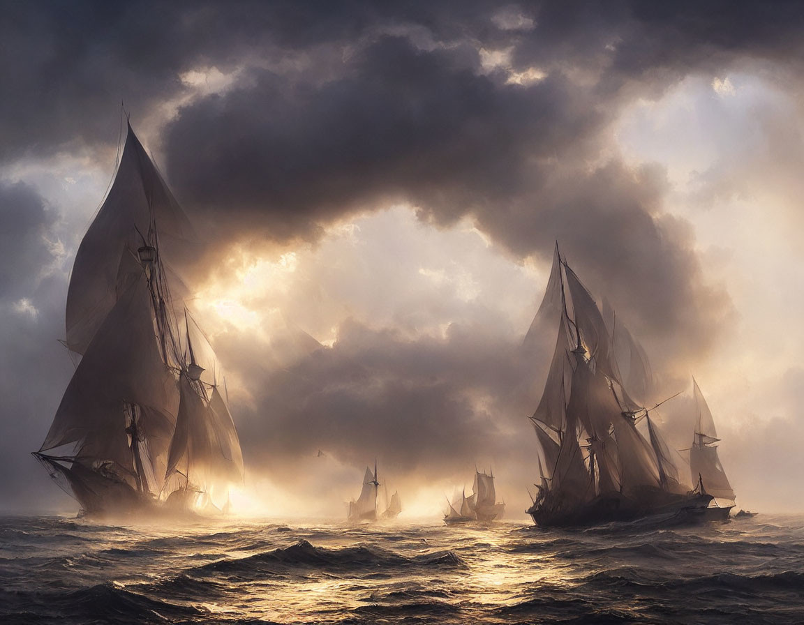 Tall ships with billowing sails on stormy seas under dramatic sky