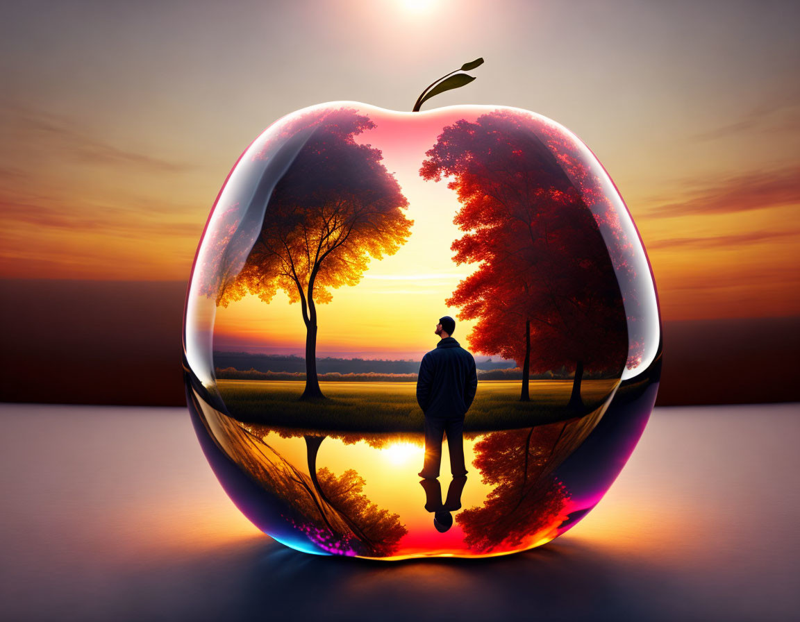 Transparent apple-shaped bubble with serene landscape inside