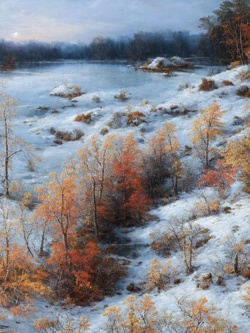 Winter landscape painting: frozen river, snow-covered rocks, orange-leafed trees, soft-hued