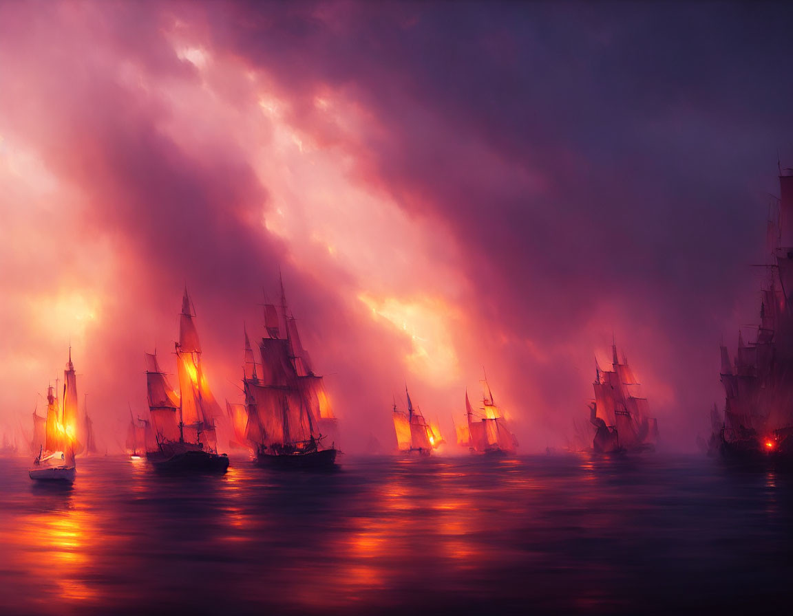 Sailing ships on fire in stormy sea under fiery sky