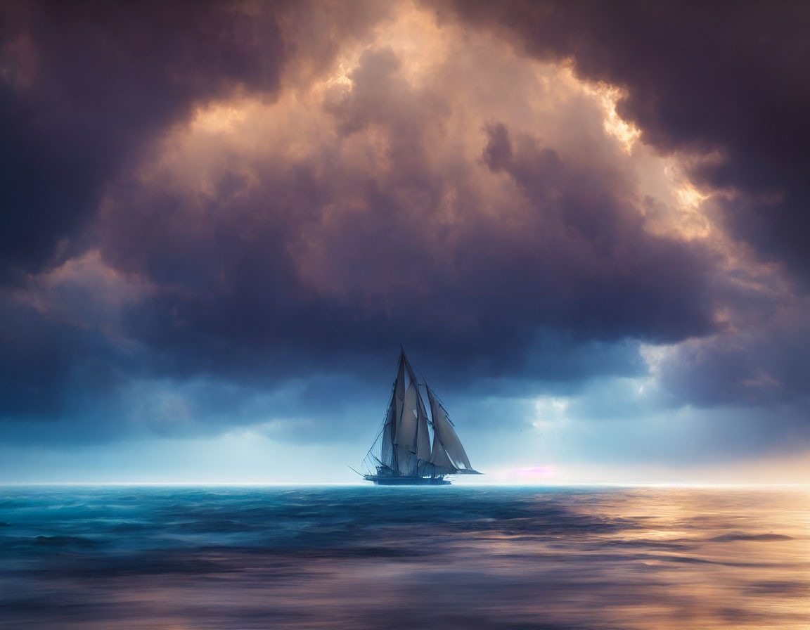 Sailboat sailing under dramatic sky with dark clouds and sunlight breaking through