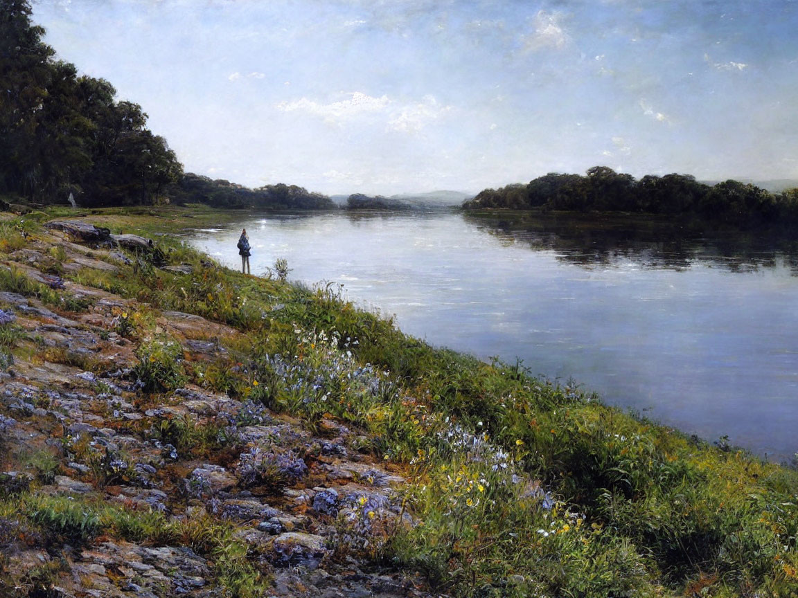 Tranquil river landscape with solitary figure