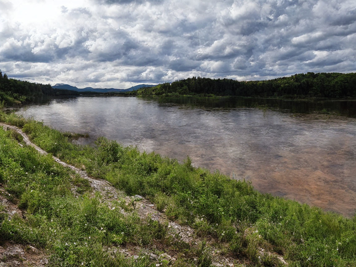 Scenic river landscape with cloudy skies and lush greenery