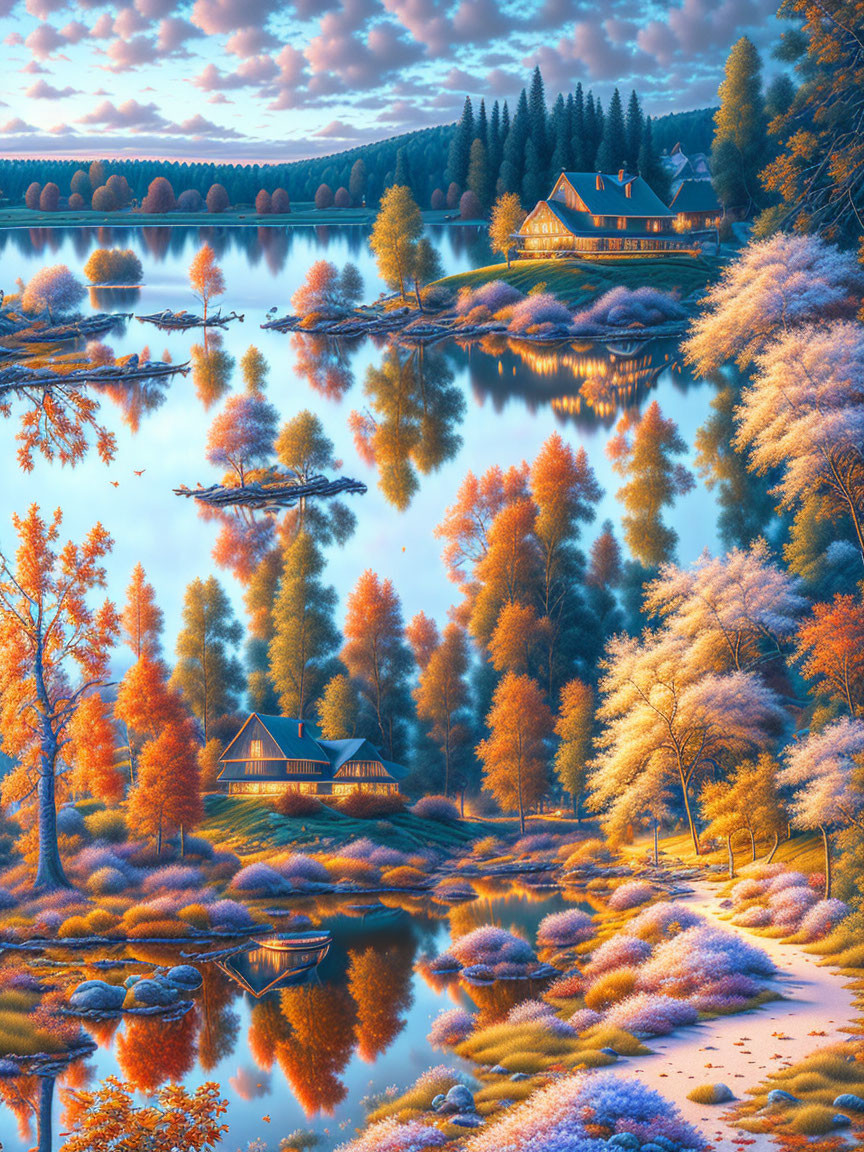 Tranquil autumn lake with colorful trees, cozy houses, and a floating boat