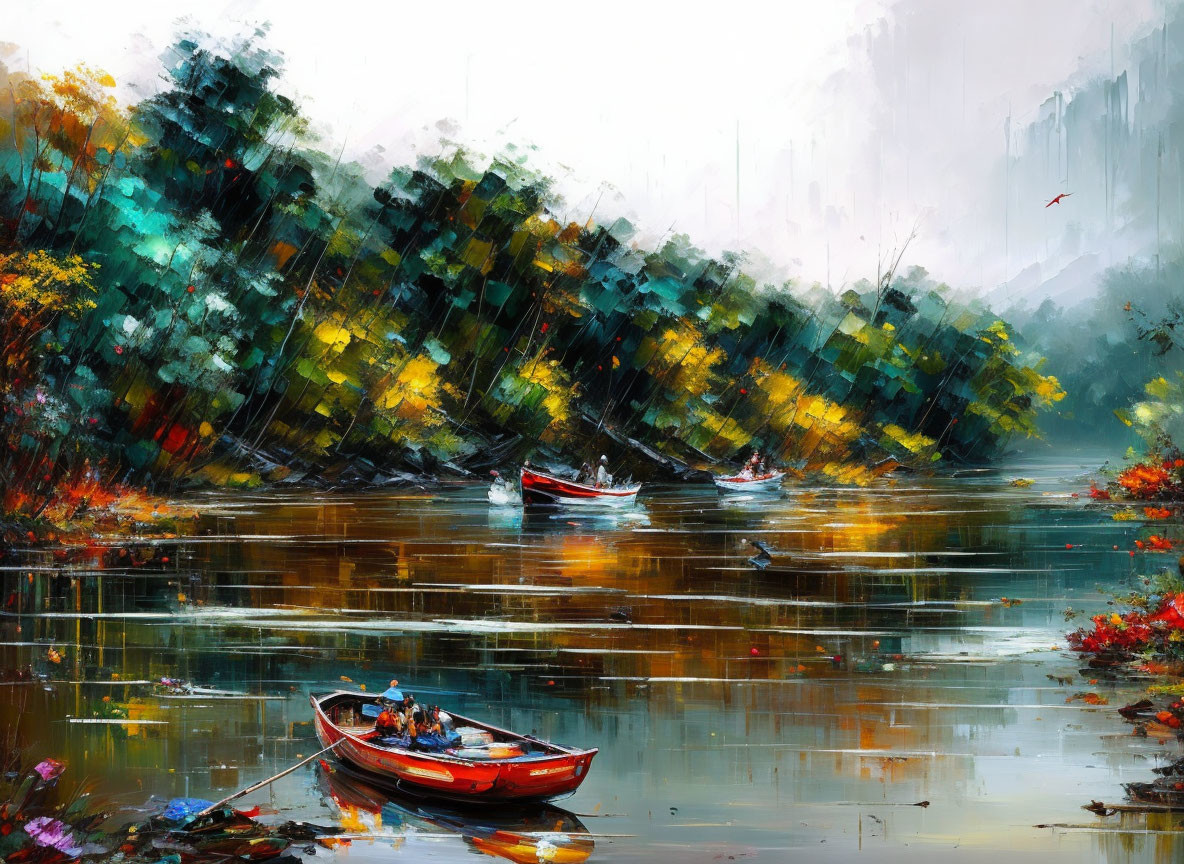 Serene river boats oil painting with autumn trees in impressionistic style