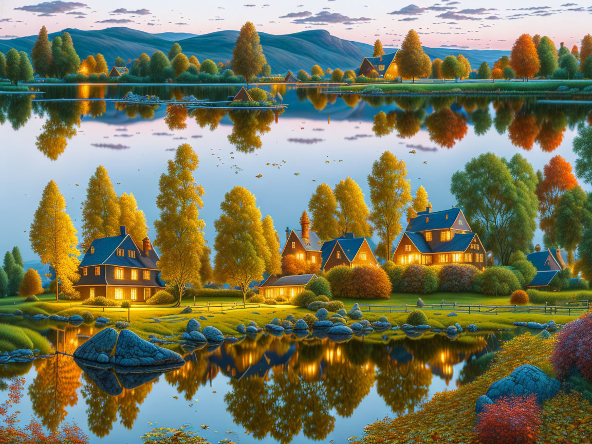 Tranquil lakeside scene at dusk with illuminated houses, ducks, vibrant autumn trees, and serene