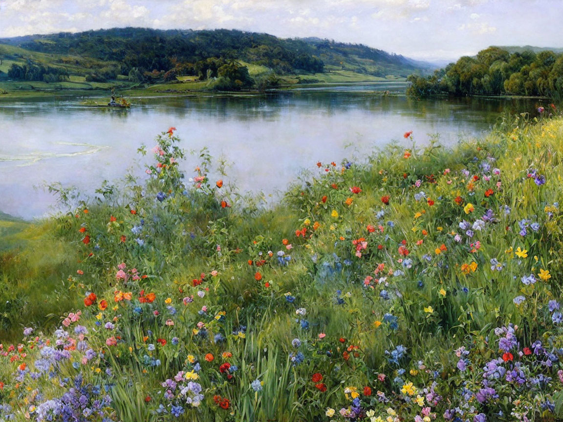 Vibrant wildflowers by calm river and hills