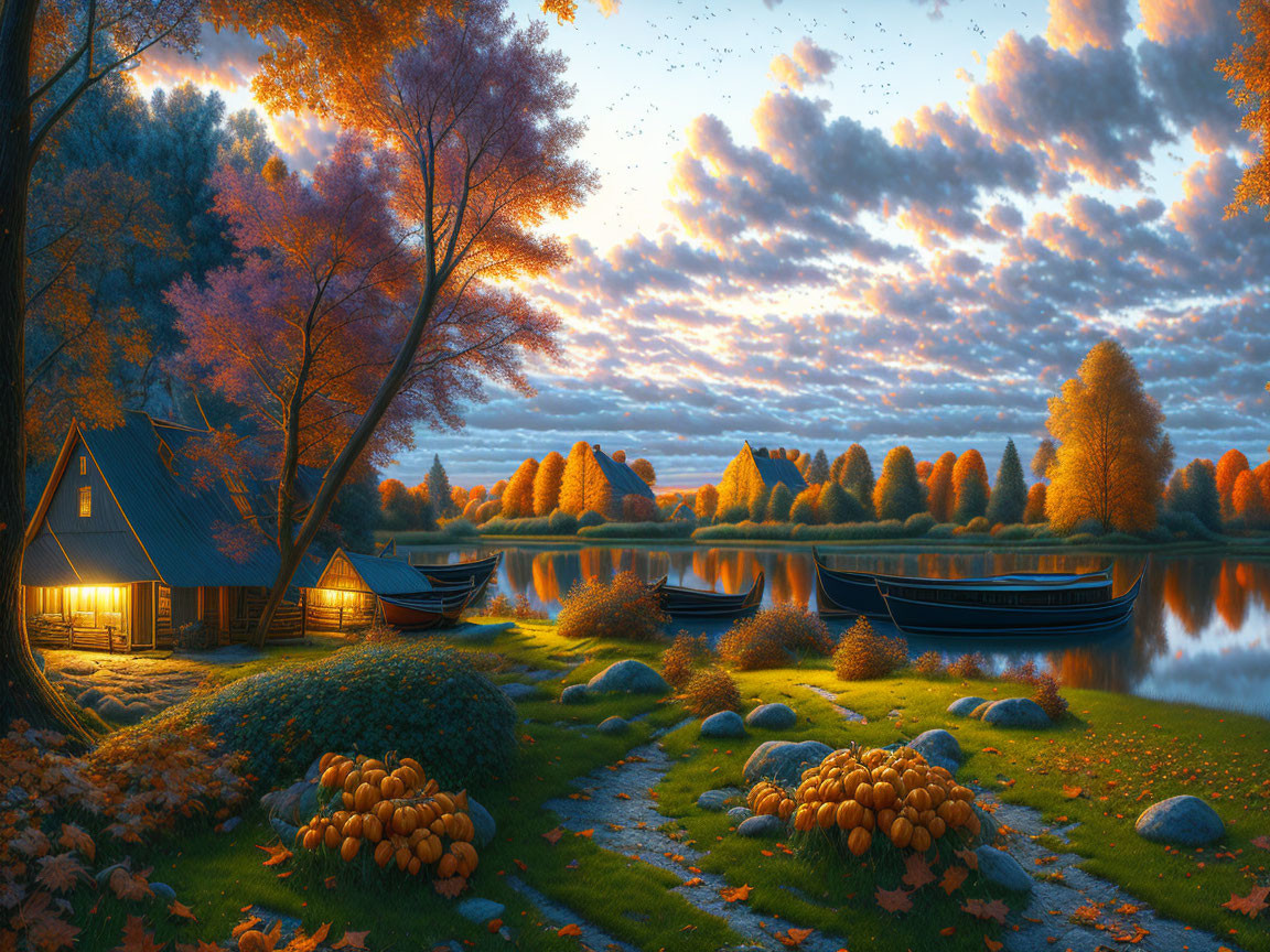 Scenic autumn lake view with illuminated house, boats, colorful foliage, and migrating birds at dusk