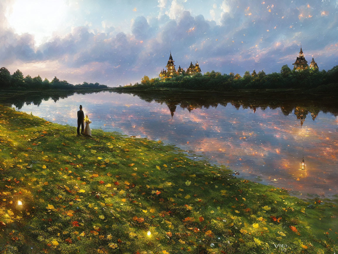 Person and dog by river at sunset with illuminated castles and lush nature.