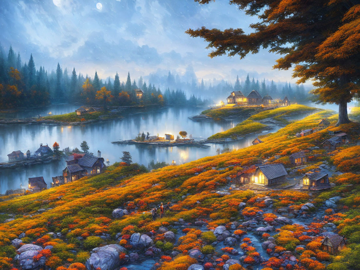 Scenic twilight village by river with autumn foliage and glowing lights