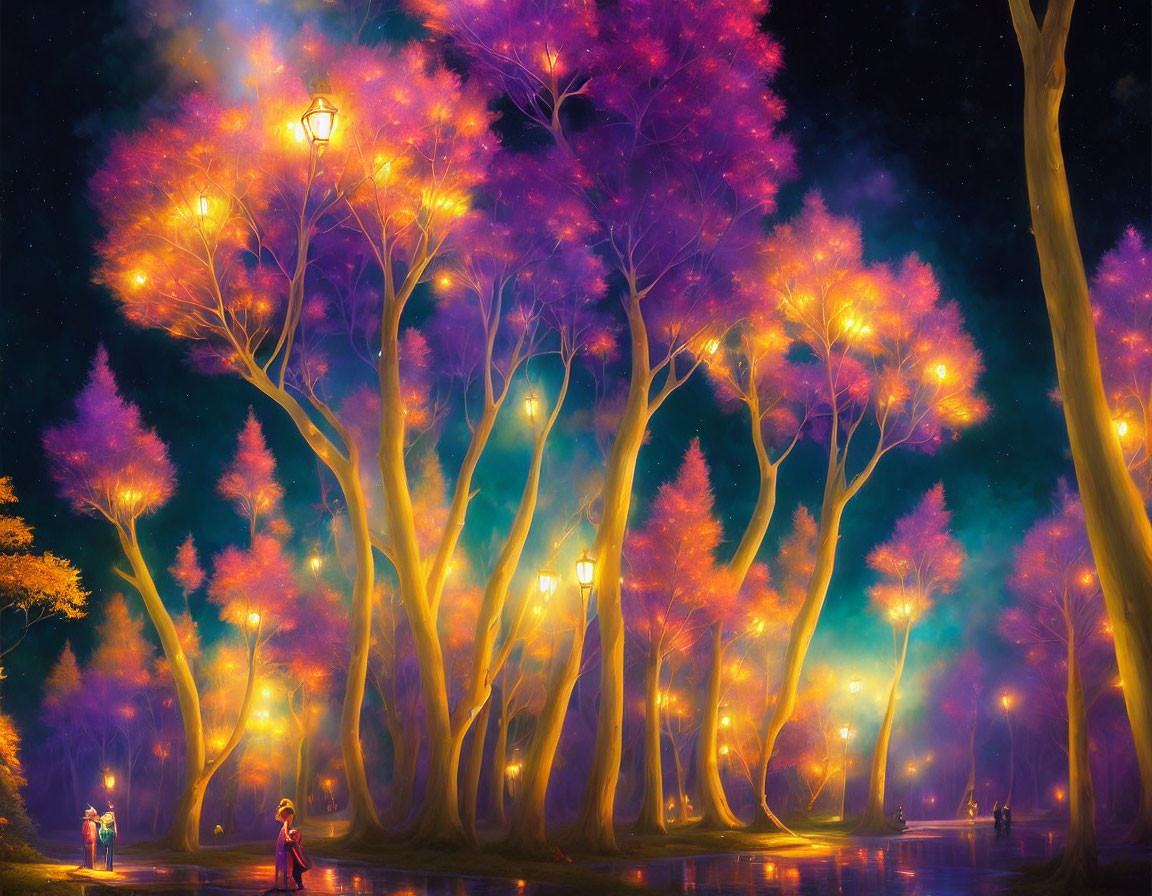 Twilight forest scene with purple and orange trees and glowing lanterns