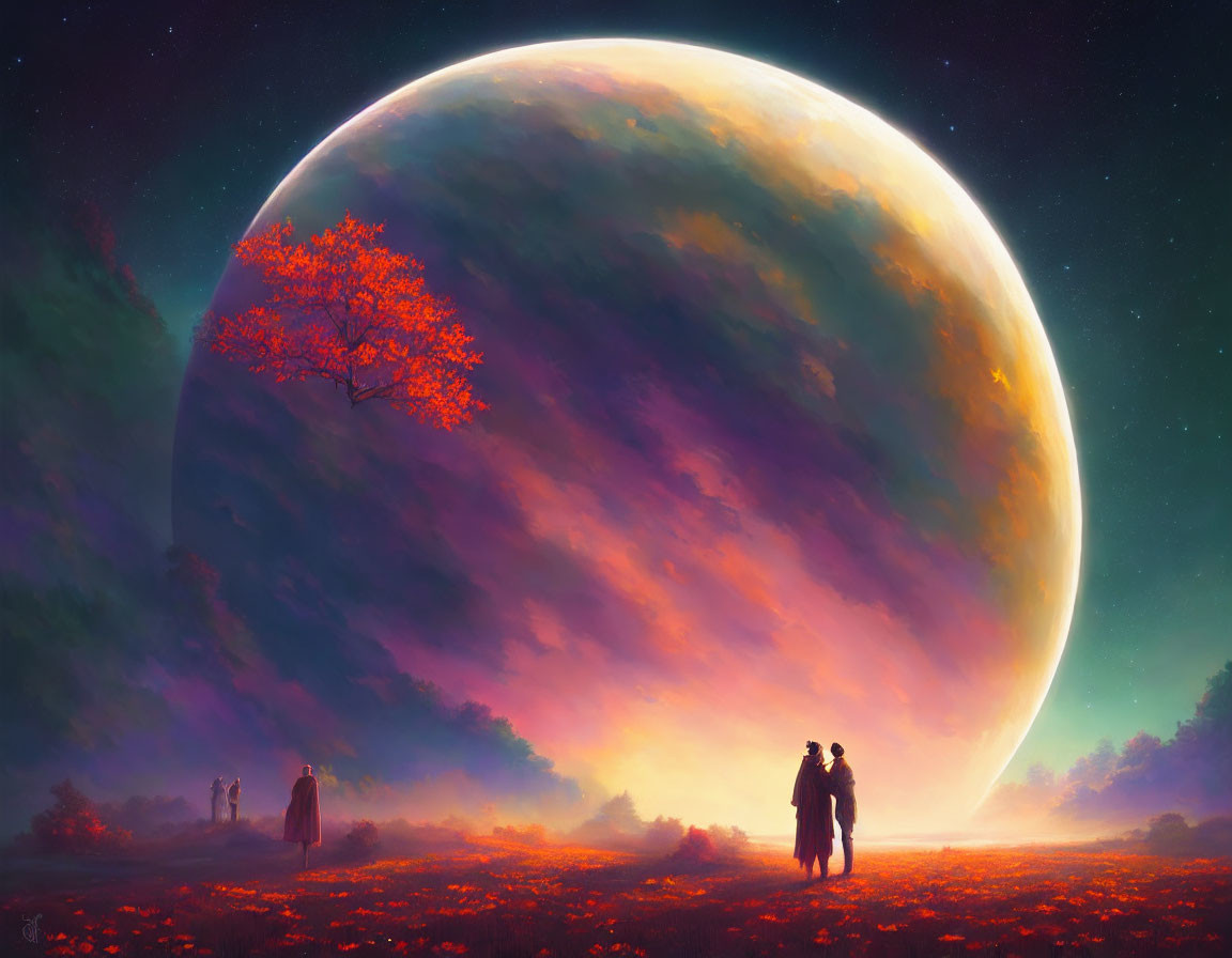 Two People in Vibrant Field Under Starry Sky with Giant Planet and Illuminated Tree