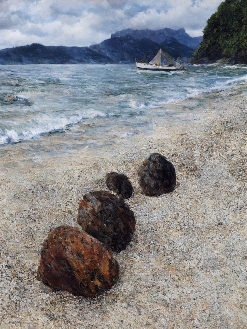 Tranquil painting of stones on shore with sailboat, mountains, and overcast sky