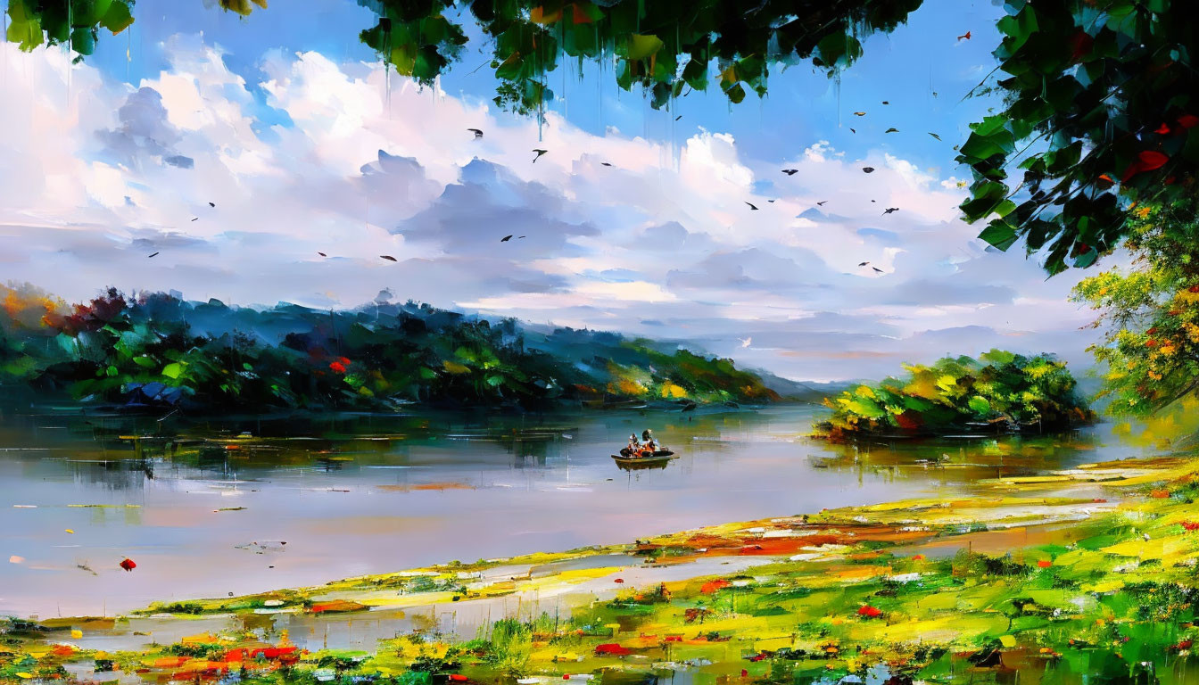 Serene river landscape painting with boat, lush greenery, and birds