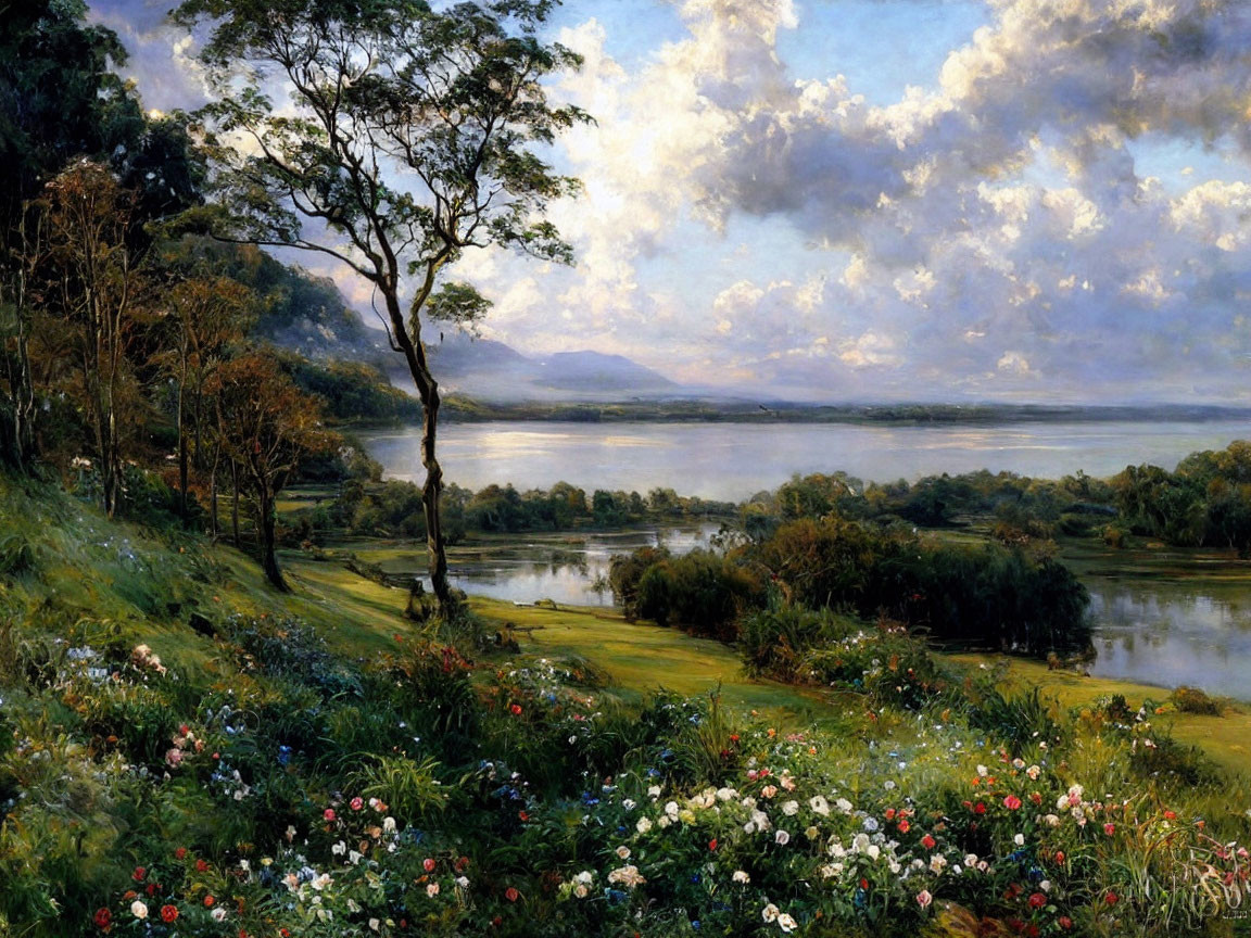 Tranquil landscape painting: lush greenery, wildflowers, river, hills, cloudy sky