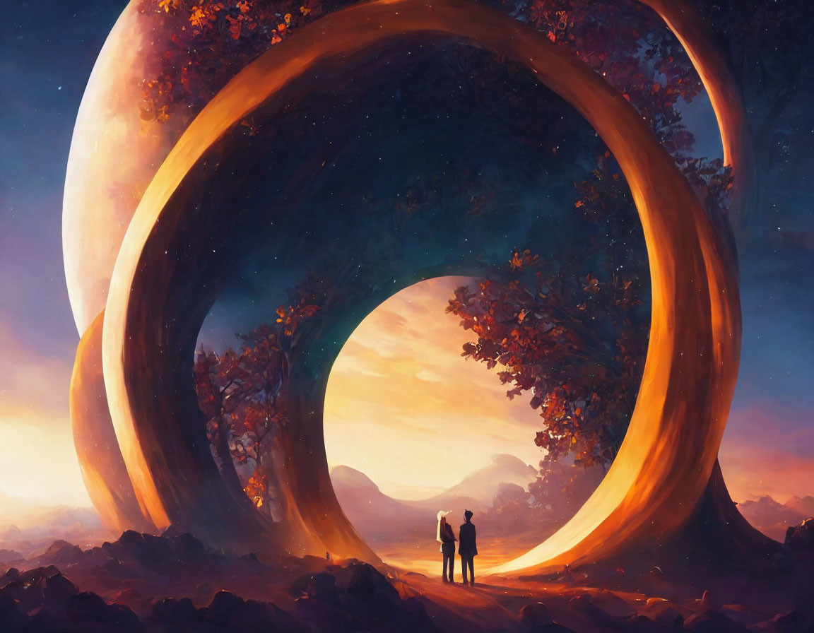 Two Figures by Swirling Portal with Trees and Sunset Sky