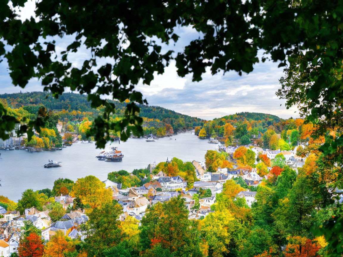 Colorful Autumn Coastal Townscape with River and Boats