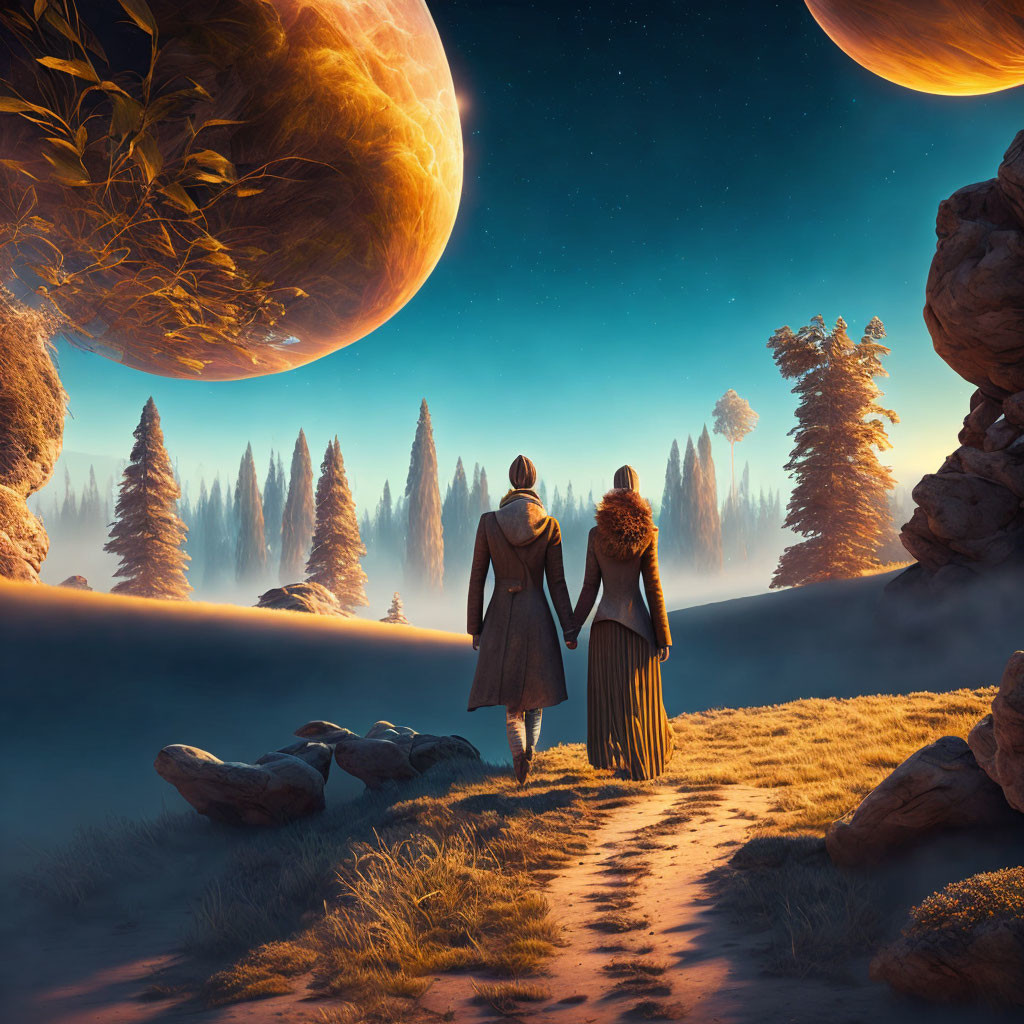 Surreal landscape with two figures, giant planets, and towering trees