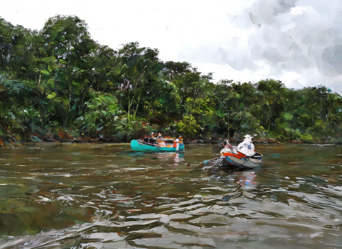 Boats and kayaks on river with lush greenery under cloudy sky