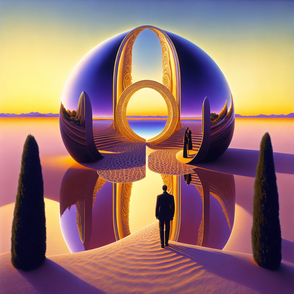 Surreal mirrored sphere with intricate designs and conical trees reflected on serene water surface at sunset