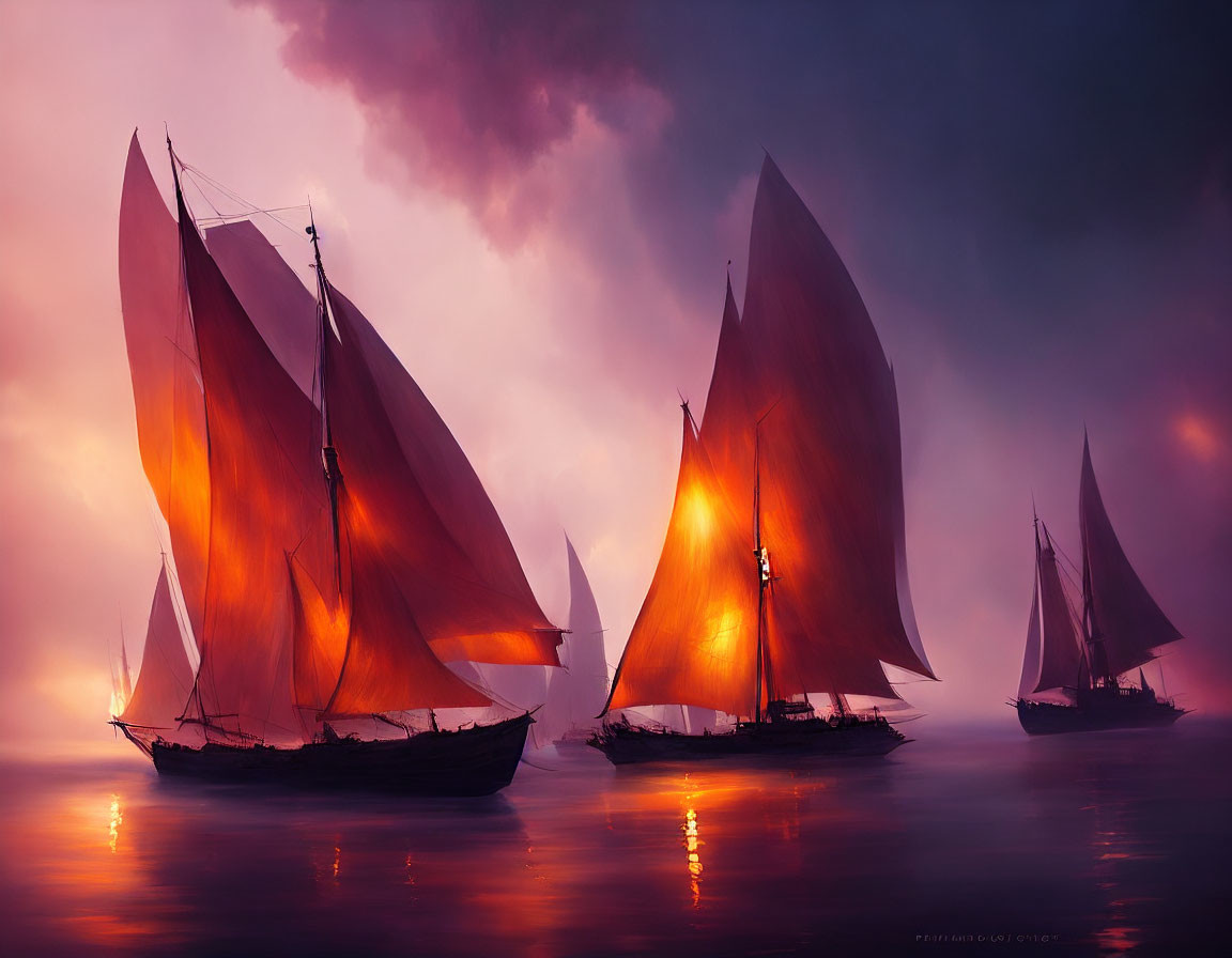 Traditional sailboats with glowing orange-red sails on misty, purple waters under dramatic sky