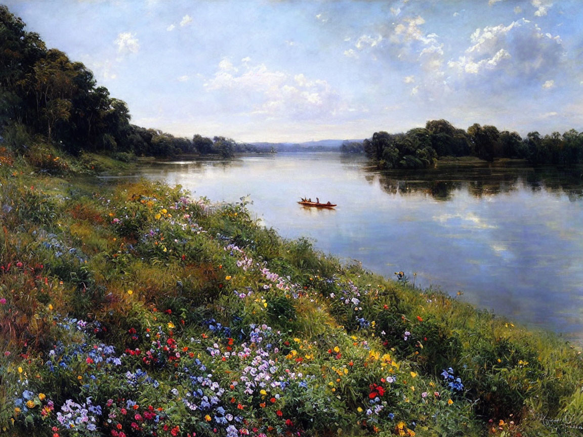 Tranquil river landscape with colorful flower bank and drifting boat