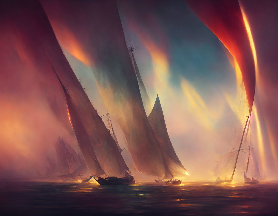 Fantastical sailing ships on colorful sea under swirling sky