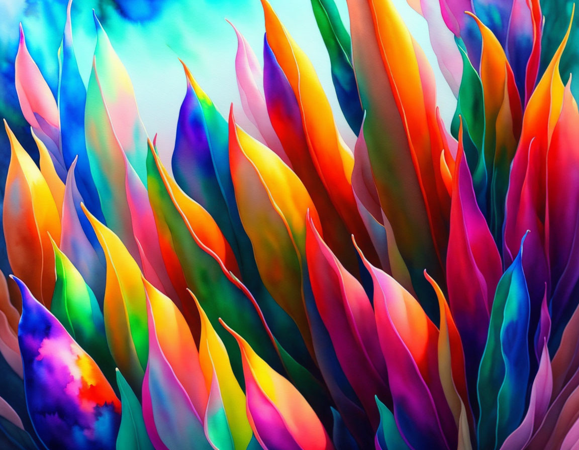 Colorful Flame-Like Shapes on Multicolored Background Representing Abstract Leaves or Feathers