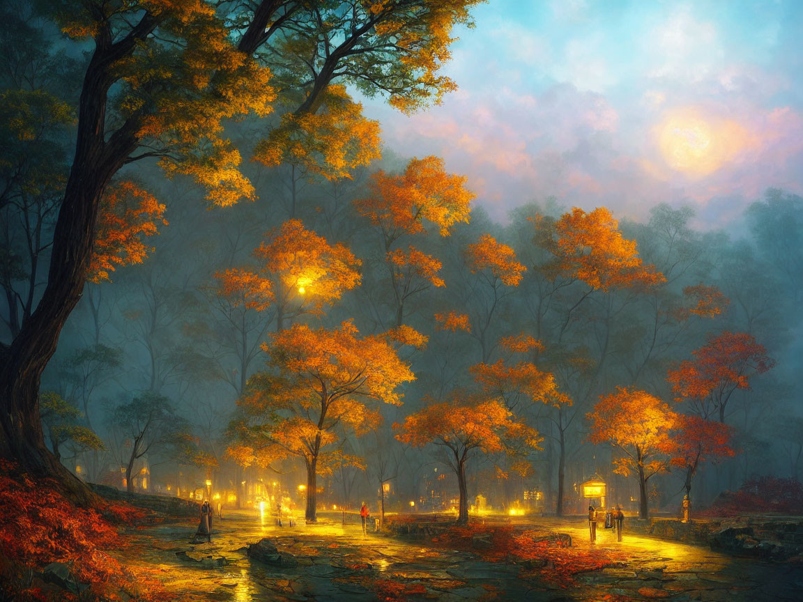 Twilight park scene with glowing lamps and autumn trees