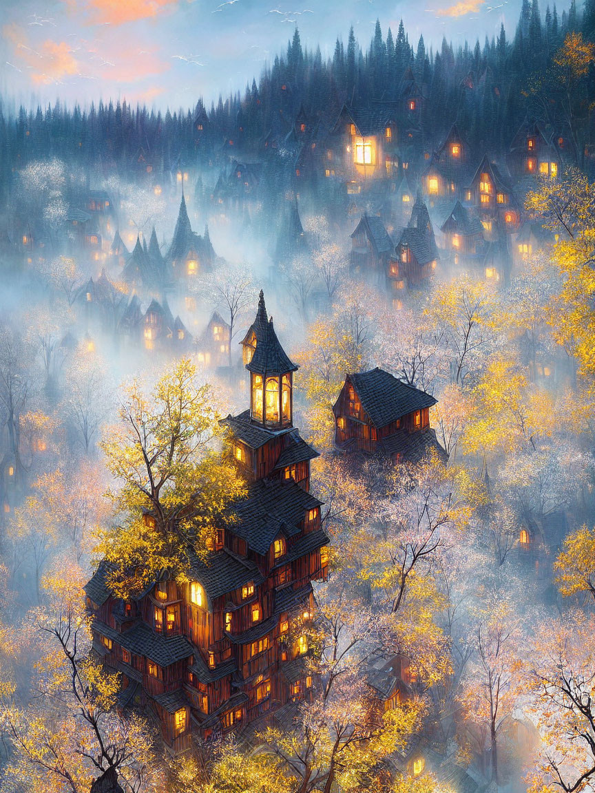 Enchanted village with illuminated wooden houses in autumn fog