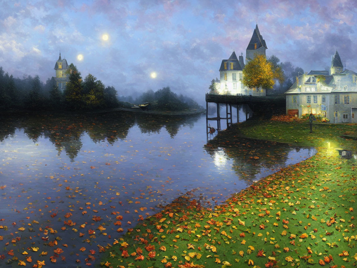 Historic buildings and trees reflected in calm lake at twilight