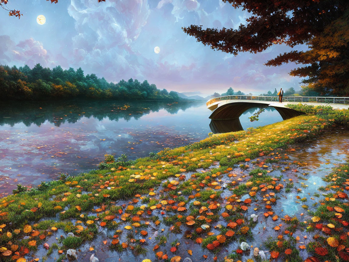 Tranquil autumn landscape with stone bridge over calm river