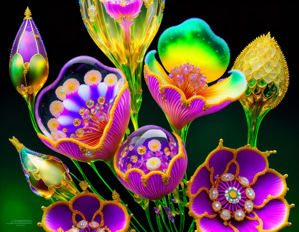 Colorful digital artwork: Stylized ornate flowers and buds with jewel tones and intricate patterns on