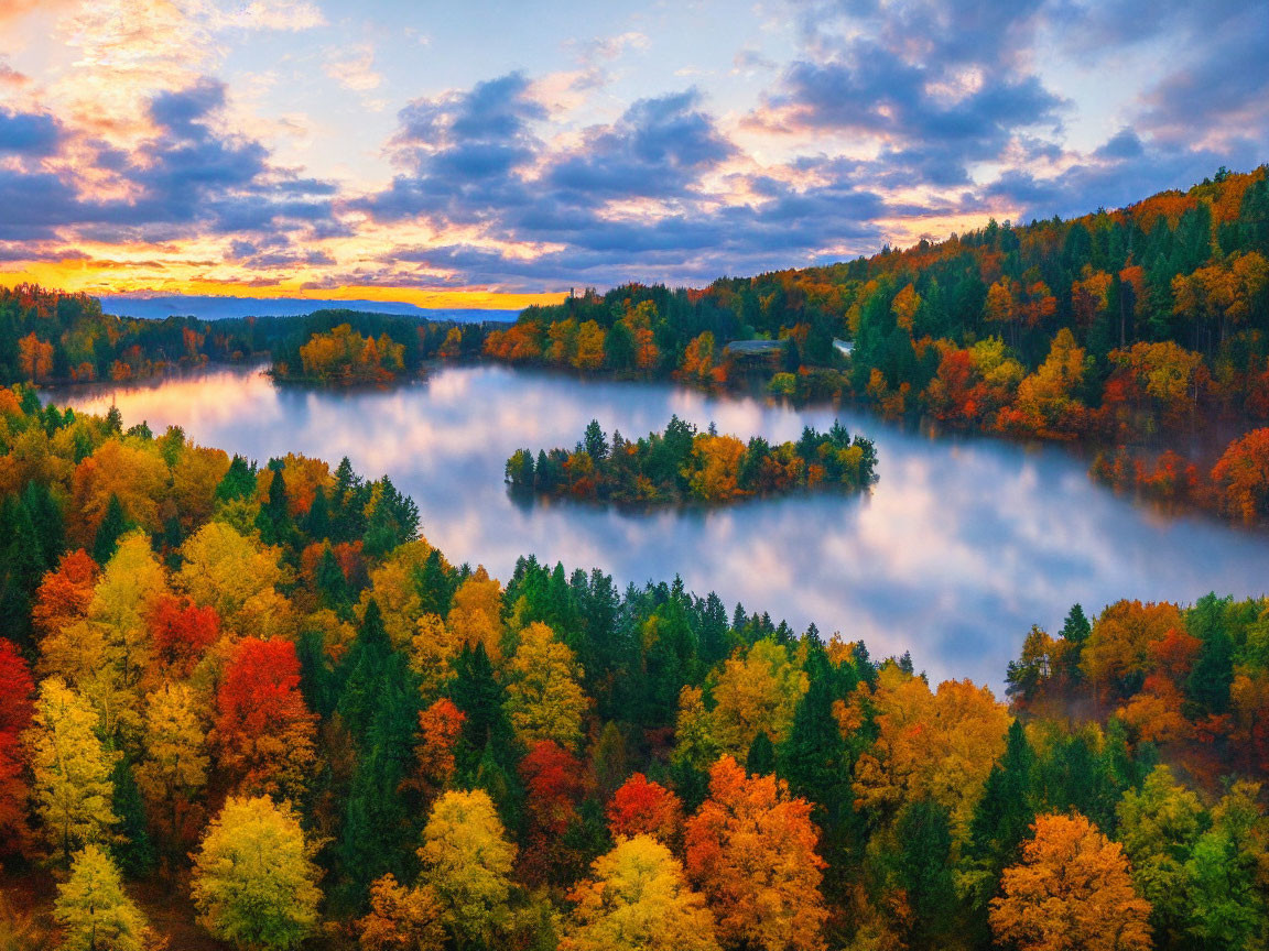 Tranquil autumn landscape with vibrant leaves by serene lake