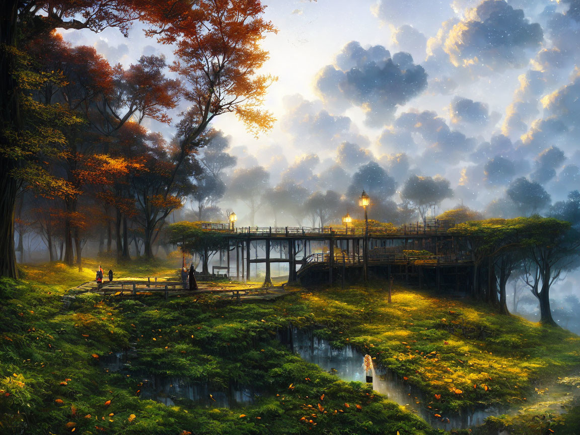 Tranquil autumn landscape with wooden bridge, lanterns, and misty atmosphere