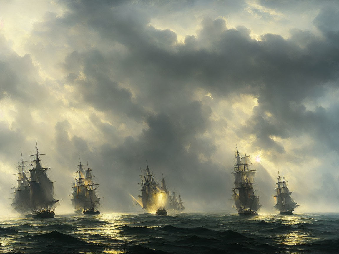 Dramatic tall ships sailing in misty seas under sun rays.