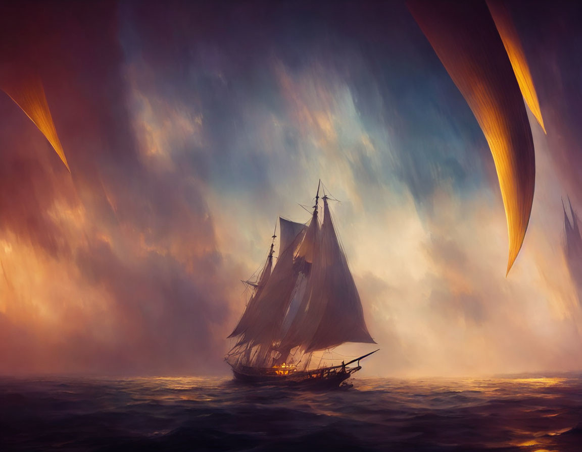 Ship sailing through fiery skies with oversized petal-like shapes