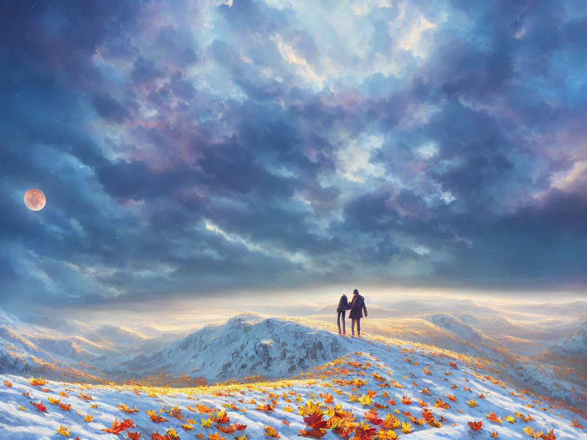 Snowy Hill Scene: Two Figures, Autumn Leaves, Dramatic Sky with Moon