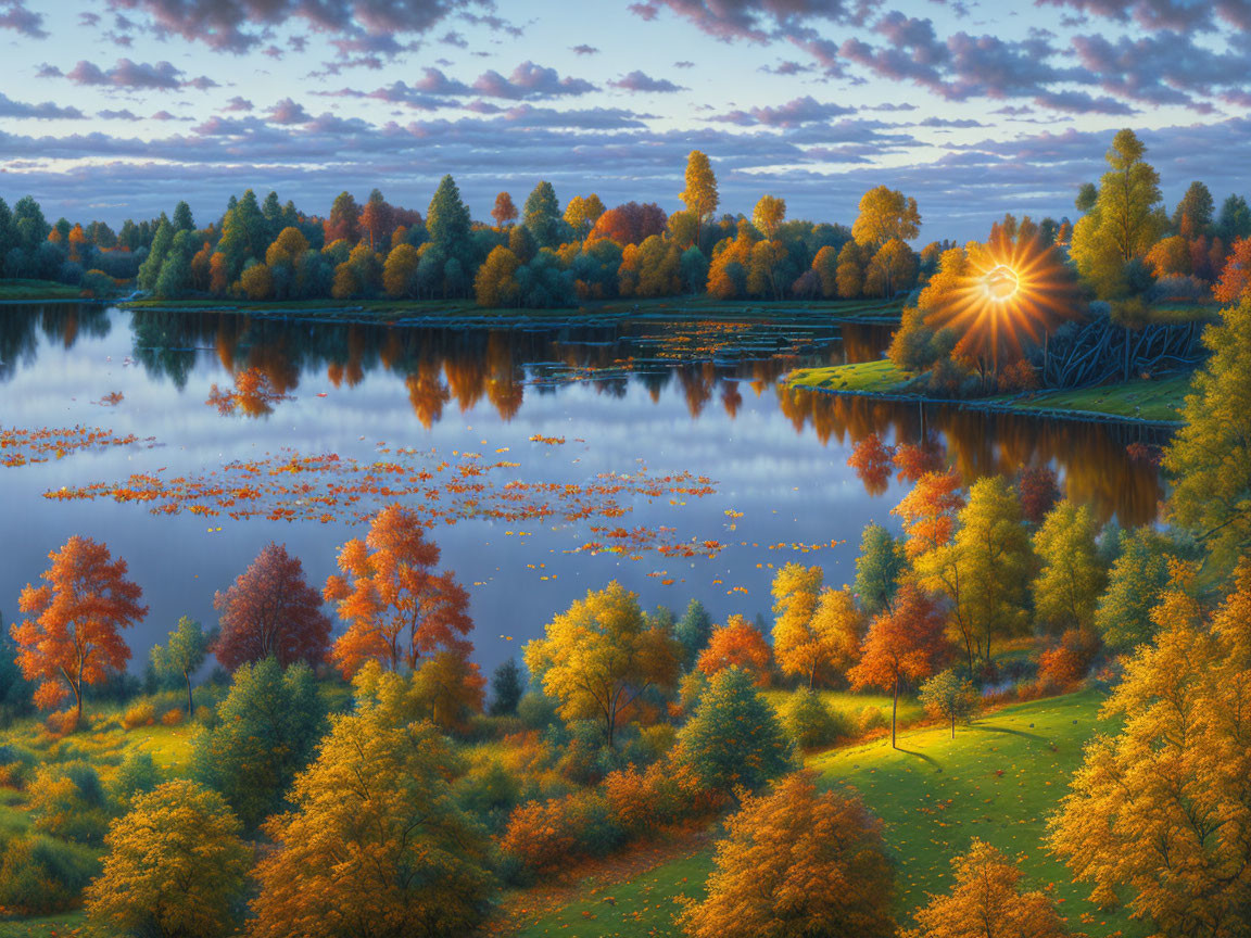 Tranquil lake at sunset with colorful autumn foliage