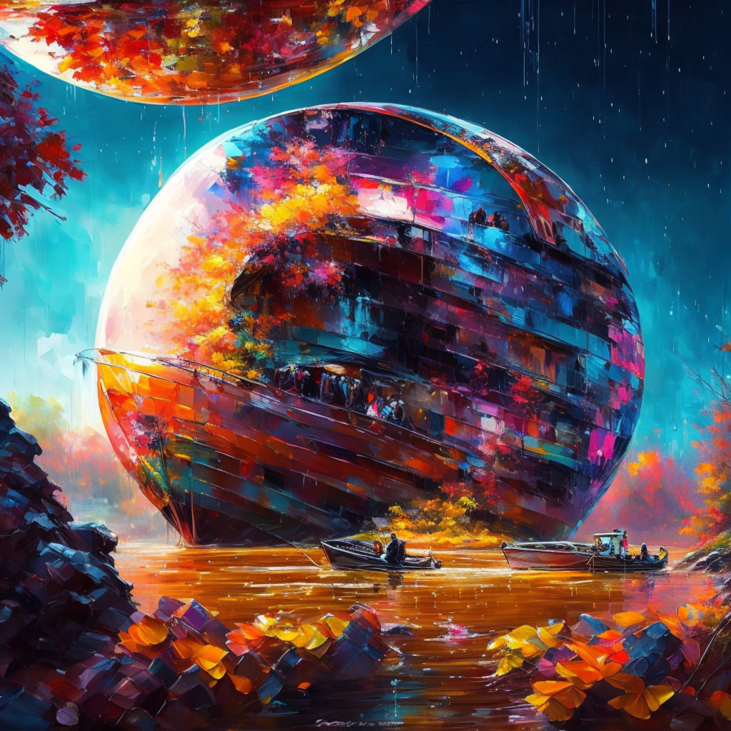 Futuristic landscape with boats, floating spheres, and celestial backdrop