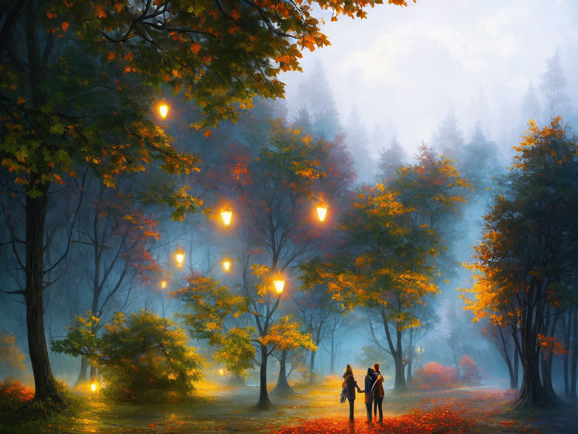 Couple walking on leaf-strewn path in misty autumn forest with glowing lanterns