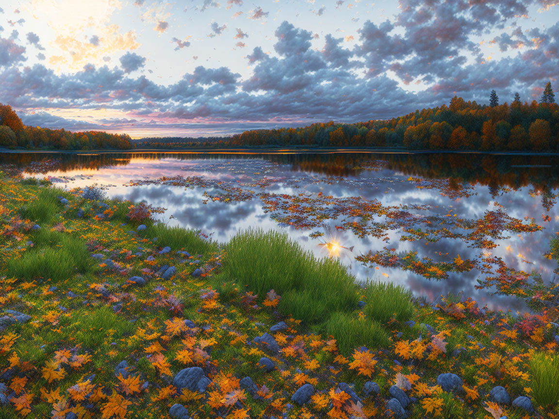 Tranquil autumn landscape with lake, water lilies, colorful foliage, and sunset