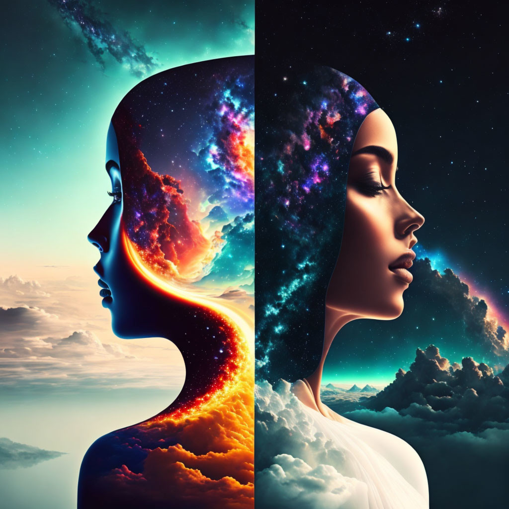 Artistic profiles of a woman: universe and cloudscape themes depicted.