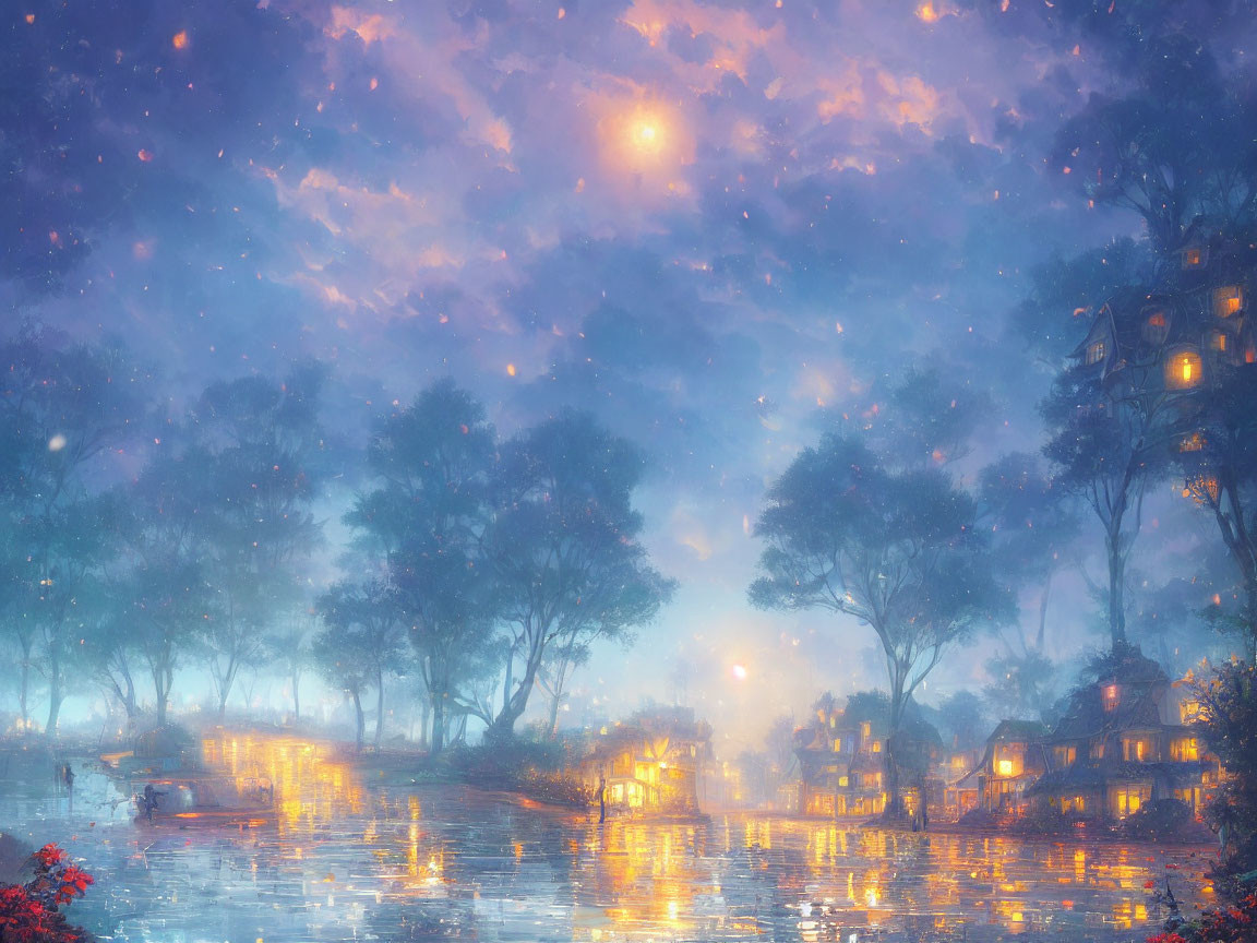 Starry Night Scene: Serene Village with Luminous Houses and Misty Trees